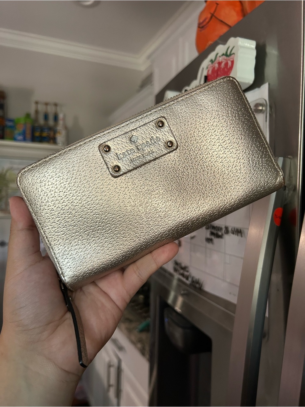 kate spade Metallic Gold Zip-Around Pebbled Wallet